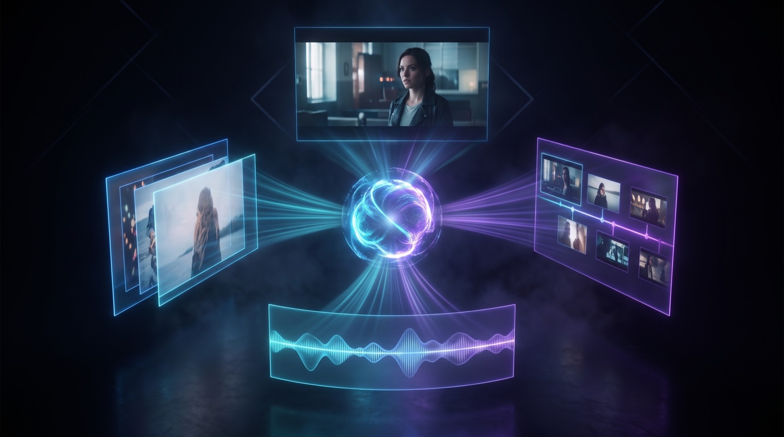 Multimodal reference inputs: images, video clips, and audio feeding an AI video generator